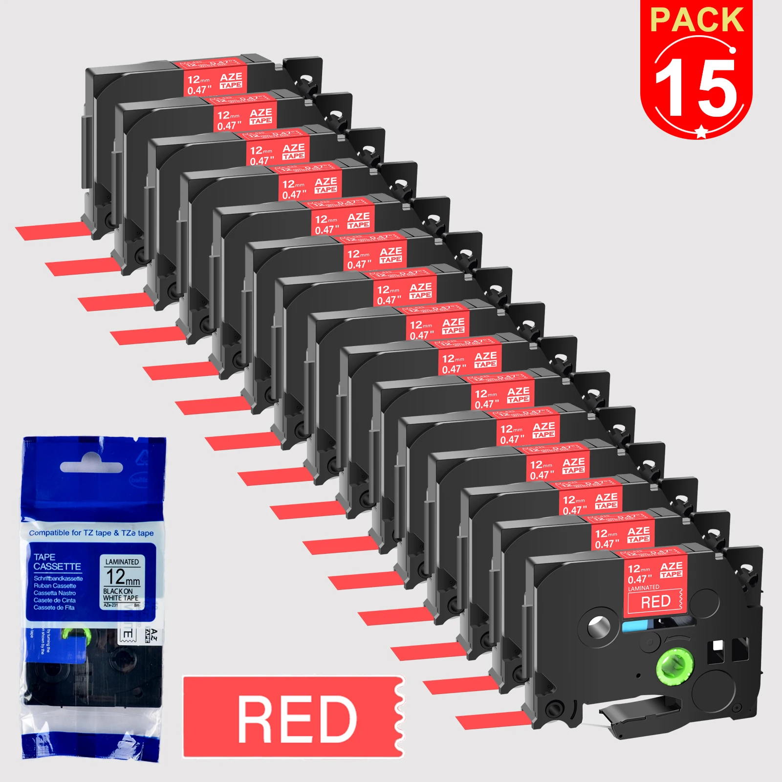 

15PK Labels Tape Compatible for Brother Tz TZe-435 445 White on Red Labels Ribbon for 6/9/12/18mm P-Touch PT-1000 Label Printers