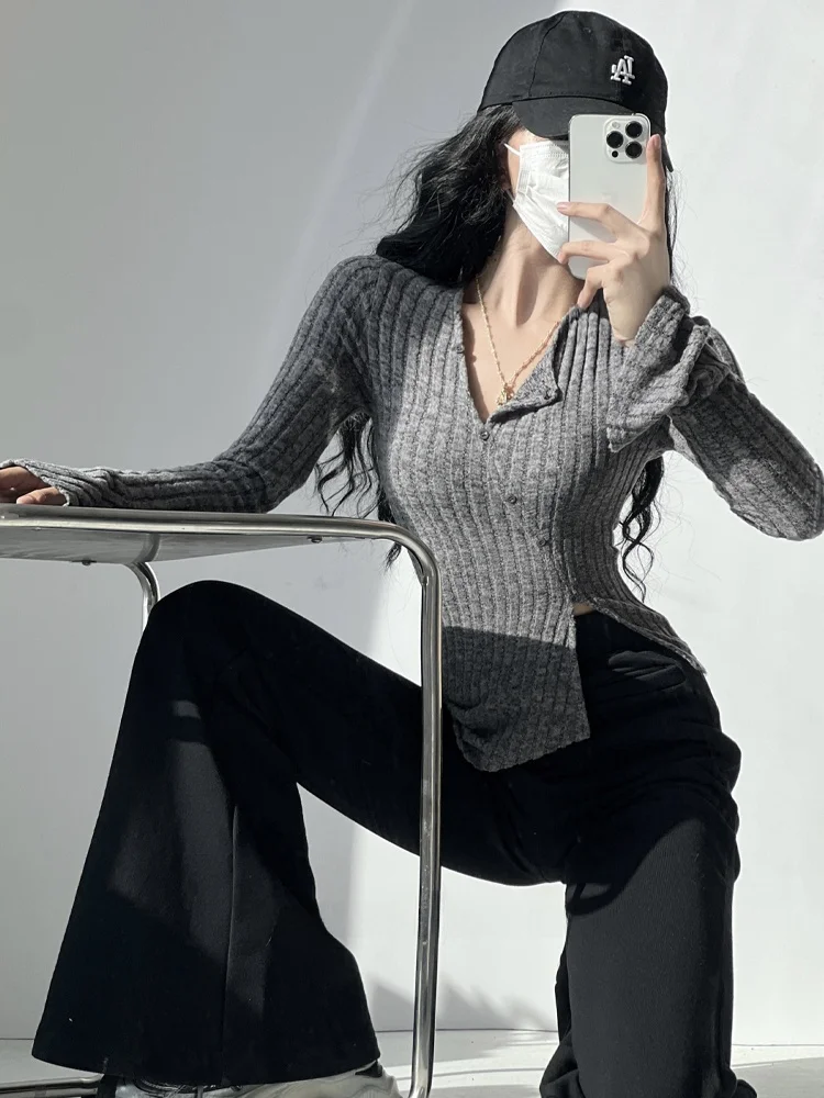 Maglieria V-Ne slim fit da donna lunga Sve Street Sle Color ort Lunghezza bottoni Design T-shirt casual Faion