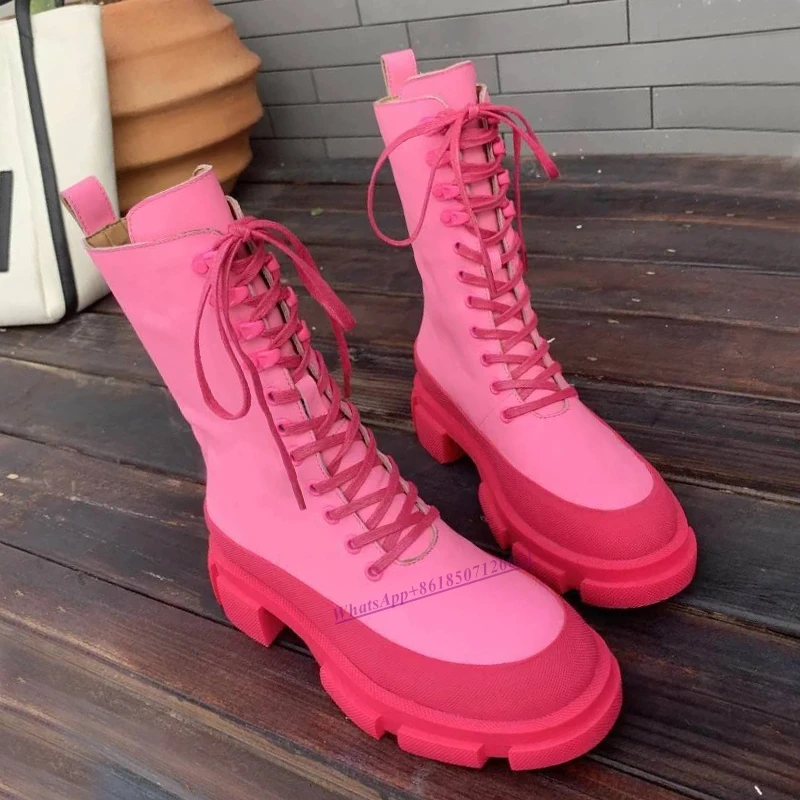 

Stitching Round Ankle Boots Women's New Pink Boots Lace Up Chunky Heel Ankle Boots For Woman