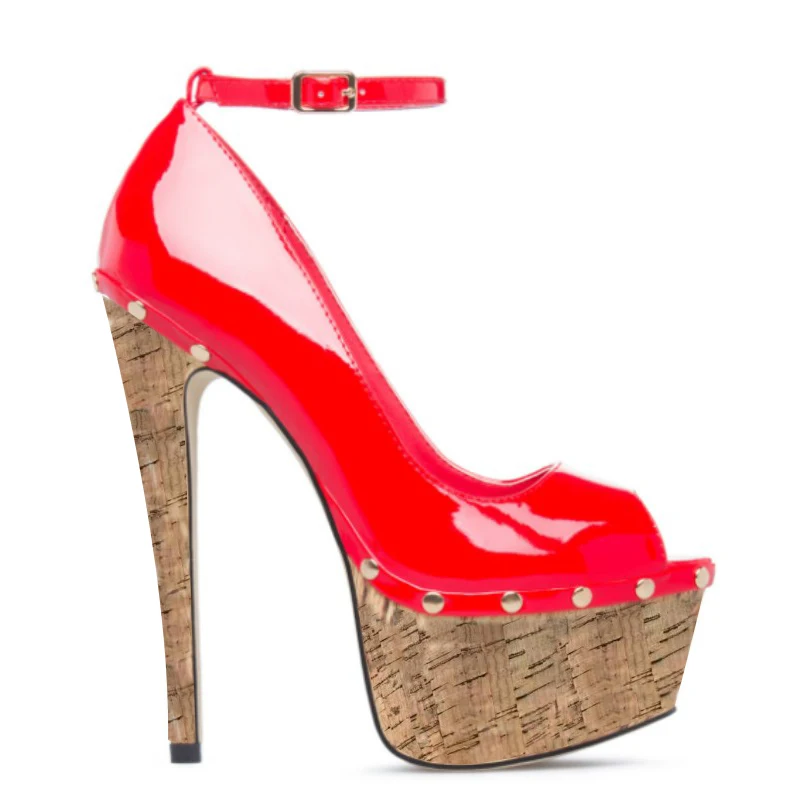 

DIZHUANG Модные женские туфли на высоком каблуке. Красные лакированные туфли на высоком каблуке. Высота каблука около 15 см. Туфли-лодочки с открытым носком. Ремешок с пряжкой на щиколотке.