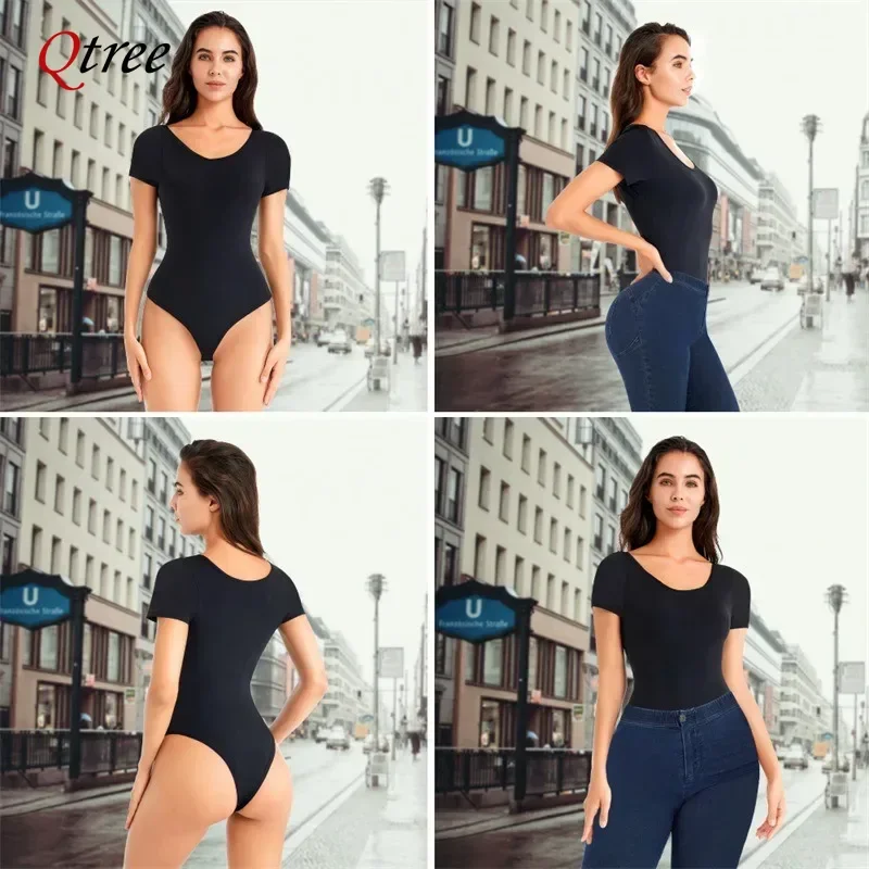 Qtree Plus Size Seamless Tummy Tucker Bodysuit Slimming Booty Lifting Shapewear for Women Short-Sleeved Waist Trainer Panties
