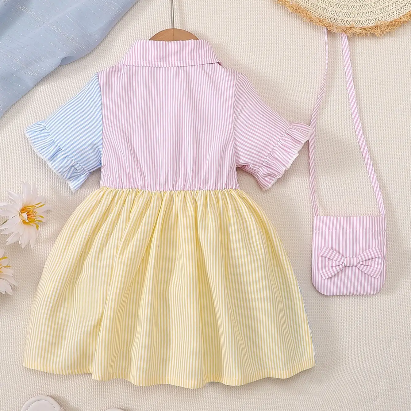 0-2 Year Old Newborn Dress Striped Color Matching Waist Up Dress Bag Baby 2Pcs Set