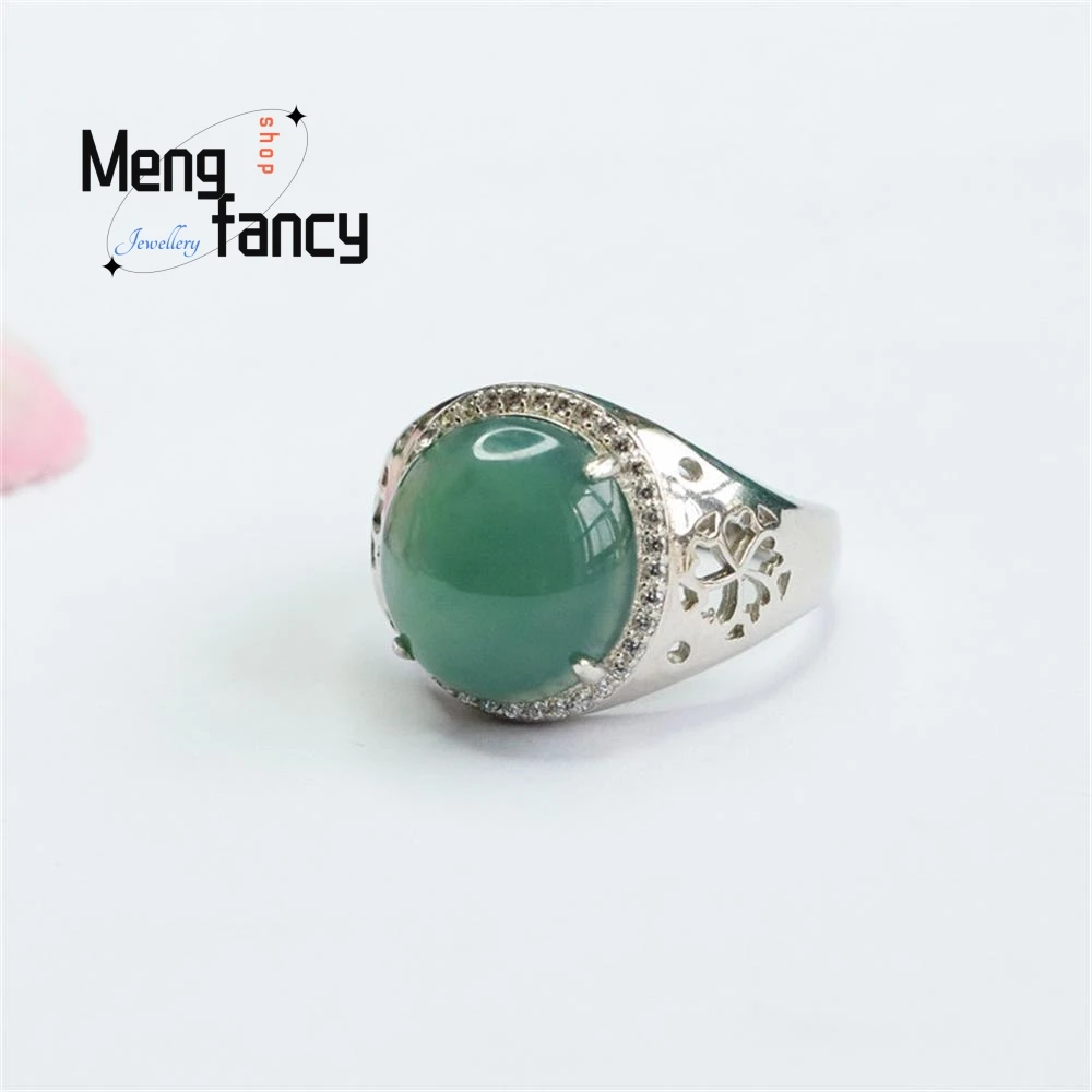 S925 Silver Inlaid Natural Jadeite Ice Blue Water Pigeon Egg Ring Exquisite Elegant High-grade Couple Luxury Fashion Jewelry