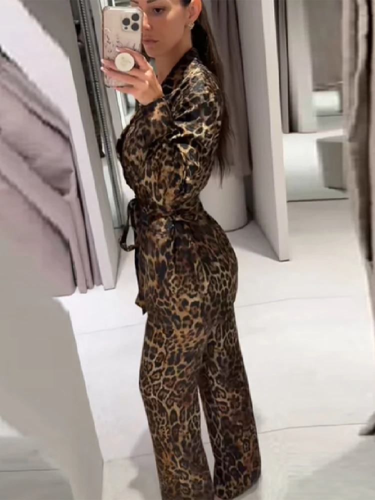 

Women's Leopard Print Pant Set Fashion Lapel Belted Blazer Wide Leg Long Trouser Lady 2025 Autumn Elegant Chic Office Outfits