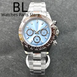 BLIGER 39mm VK63 Men's Quartz Chronograph Watch Ceramic Brown Insert Ice Blue Dial With C3 Luminous Sapphire Crystal Waterproof