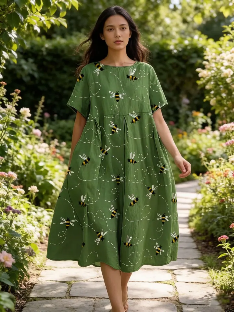 

Women Green Bee Print Dress Short Sleeve Casual Loose Fit A-Line Midi Dress Vintage Summer Holiday Vacation Dress with Pocket