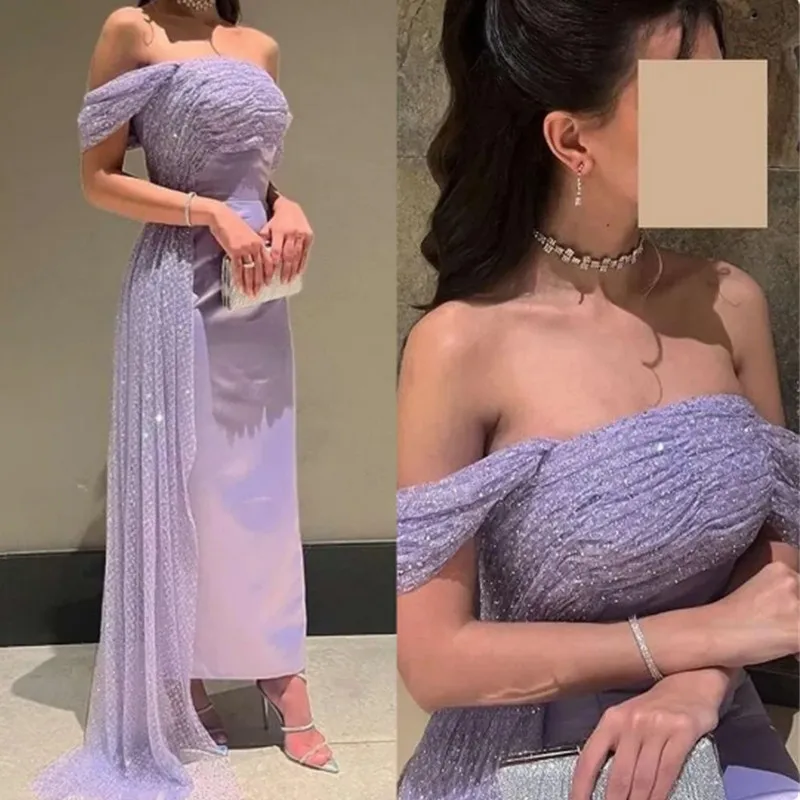 Aleeshuo Lilac Saudi Arabia Mermaid Evening Dress Off The Shoulder Sequined Formal Prom Gowns Special Occasion Dress Customized