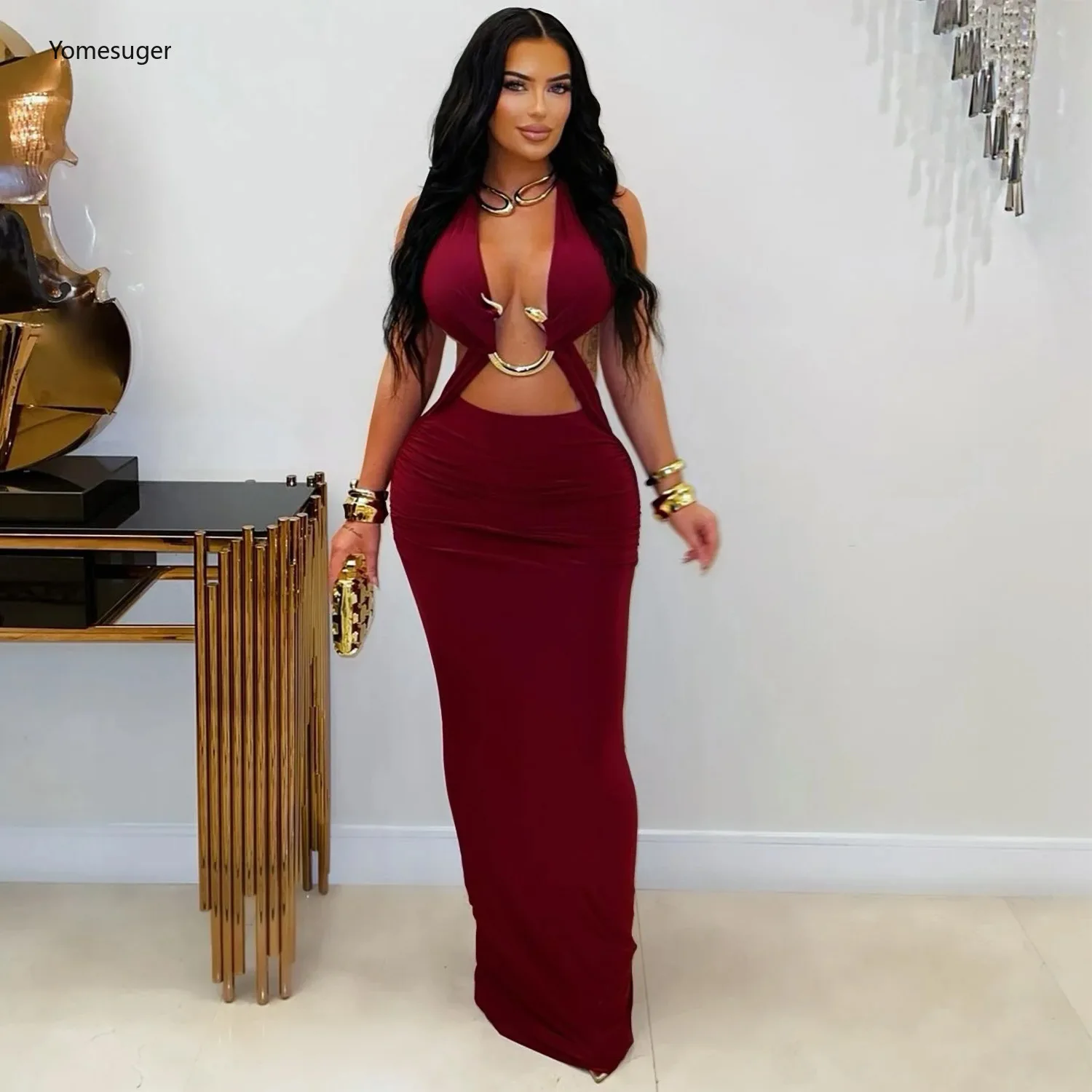 Yomesugar Women Deep V-neck Metallic Decoration Bodycon Maxi Dress Sexy Cut Out Ruched Backless Skinny Birthday Party Clubwear