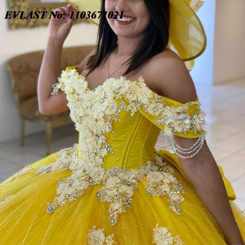 EVLAST مخصص الكرة الصفراء ثوب Quinceanera فستان ثلاثية الأبعاد الأزهار الدانتيل زين مطرز القوس مشد الحلو 16 Vestidos De Anos SQ399