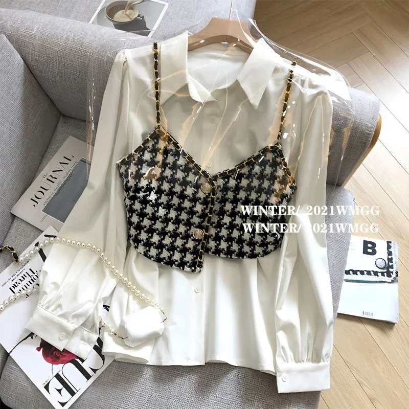 Camisole Tanks Tops White Shirt Women Thousand Bird Check  Blusas Mujer Vintage Vest 2 Piece Sets Loose Blouse Chic Chiffon