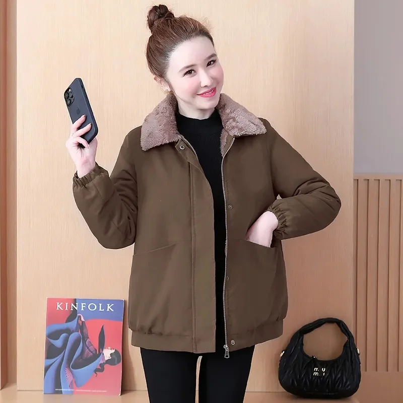 New Women's Cotton Clothes Add Velvet Thicken Fur Collar Winter Jacket Fashion Warm Snowy Overcoat Parker Female Tops