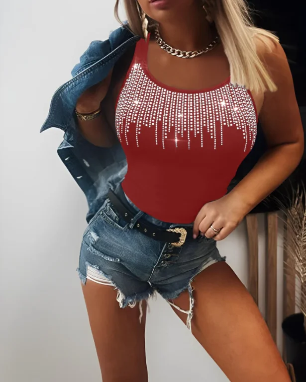 Schmal geschnittenes Tanktop mit Strass – ärmellose Bluse mit hohem Stretchanteil und Rundhalsausschnitt, einfarbiges, nicht rückenfreies Oberteil, geeignet für den Frühling – Detail 3