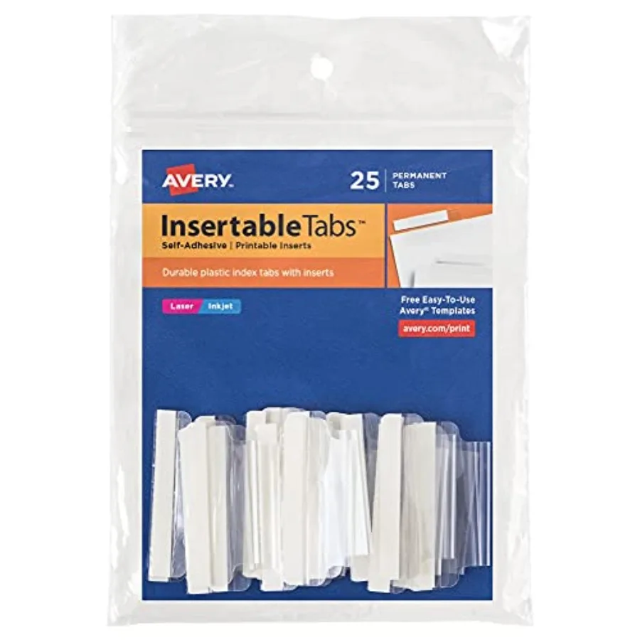 

Insertable Self-Adhesive Tabs with Printable Inserts, 2", Permanent Adhesive, Clear, Pack of 25 Index Tabs 16241