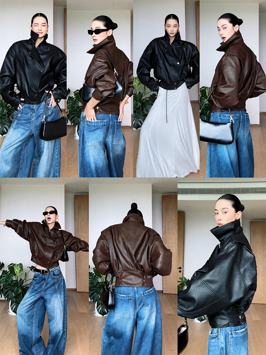 

CIZZLEMORE Berlin Modern Classic Pilot Vintage Leather Jaet Women's Faion PU Leather ort Coat with kets