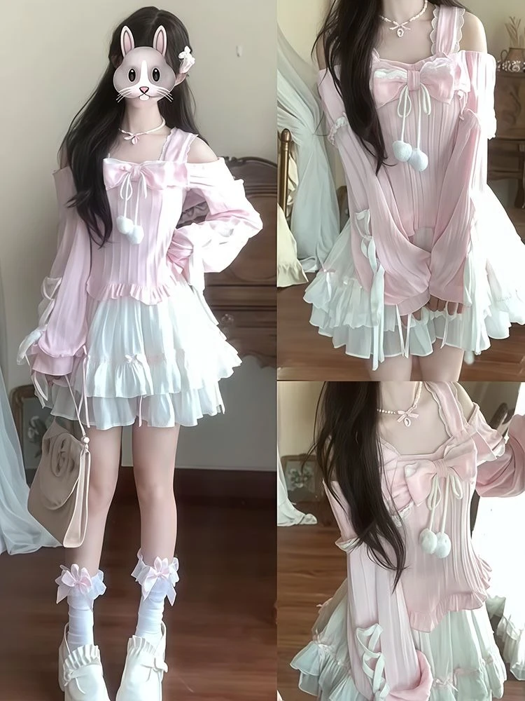 Conjunto de dos piezas con lazo y cuello oblicuo japonés, camisa ajustada con volantes Grunge Vintage Harajuku, falda informal elegante con pastel liso 2026