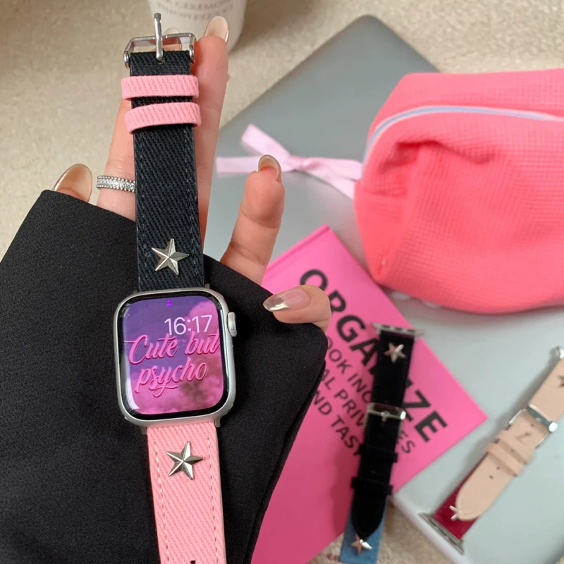 Корейский кожаный ремешок Y2k для Apple Watch, джинсовый браслет для девушек iWatch Series 9 8 7 6 5 SE 4 3, 41 мм 49 мм 45 мм 44 мм 40 мм