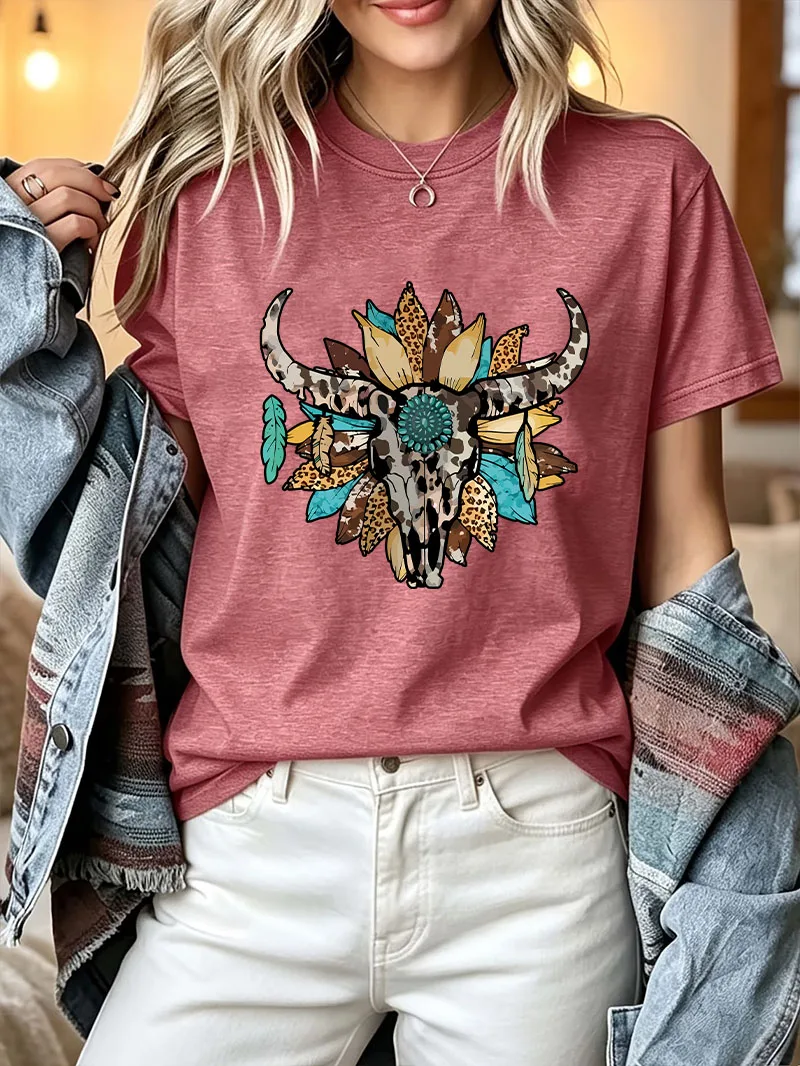 Retro Women's American-style Cow Skull Sunflower Graphic T Shirt Leopard Feather Print Short Sleeve Tee Casual Crew Neck Ladies