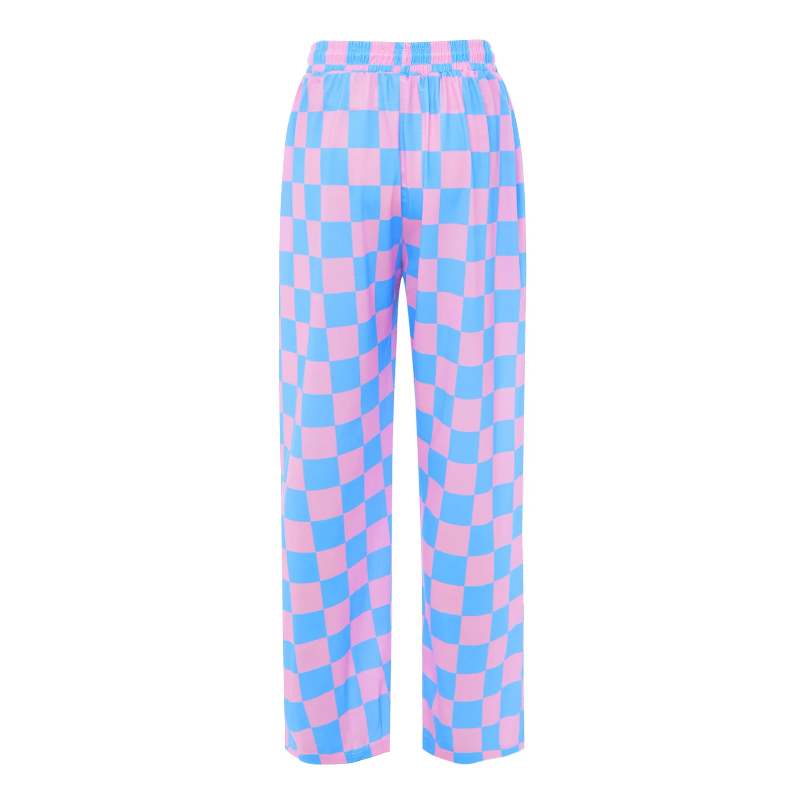 Checkerboard Drawstring Pants for Women Wide Leg Elastic Waistband Side Pockets Plaid Loose Casual Bottoms Trouser for Daily