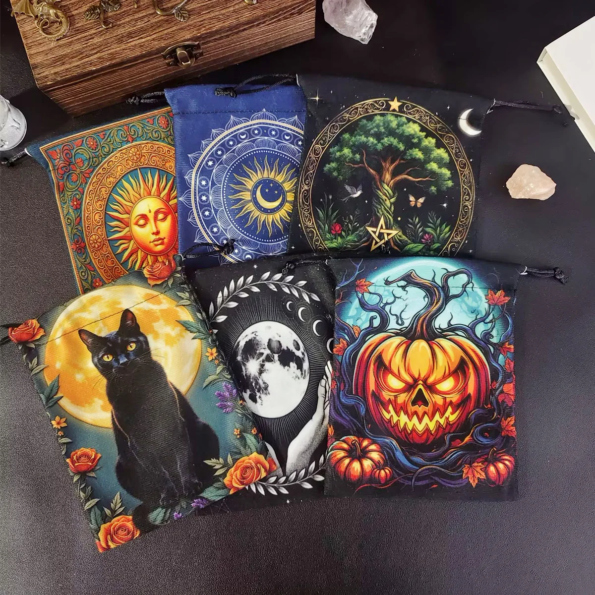 Velvet Witch Cat  Tarot Card Bag With Halloween Pumpkin Drawstring Pouch For Divination Jewelry Astrology Dice Accessories Bag
