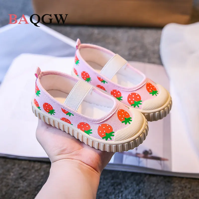 Toddler Cute Cartoon Printing Canvas Shoes Casual Soft Bottom Strawberry Radish Girl Children Non-slip Round Toe Kids Sneakers