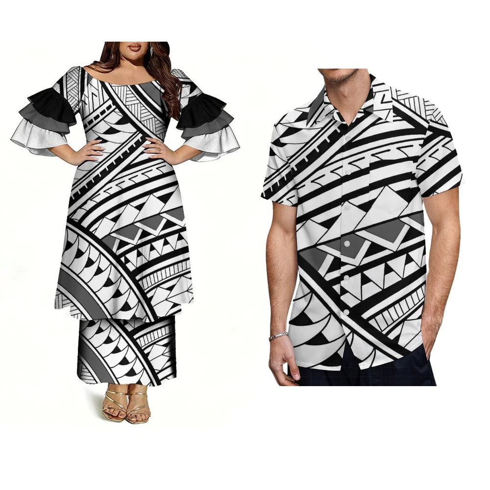 Customized Men'S Short-Sleeved Shirts With Polynesian Pacific Island Ethnic Style Fashionable Women'S Elegant Puletasi Dresses