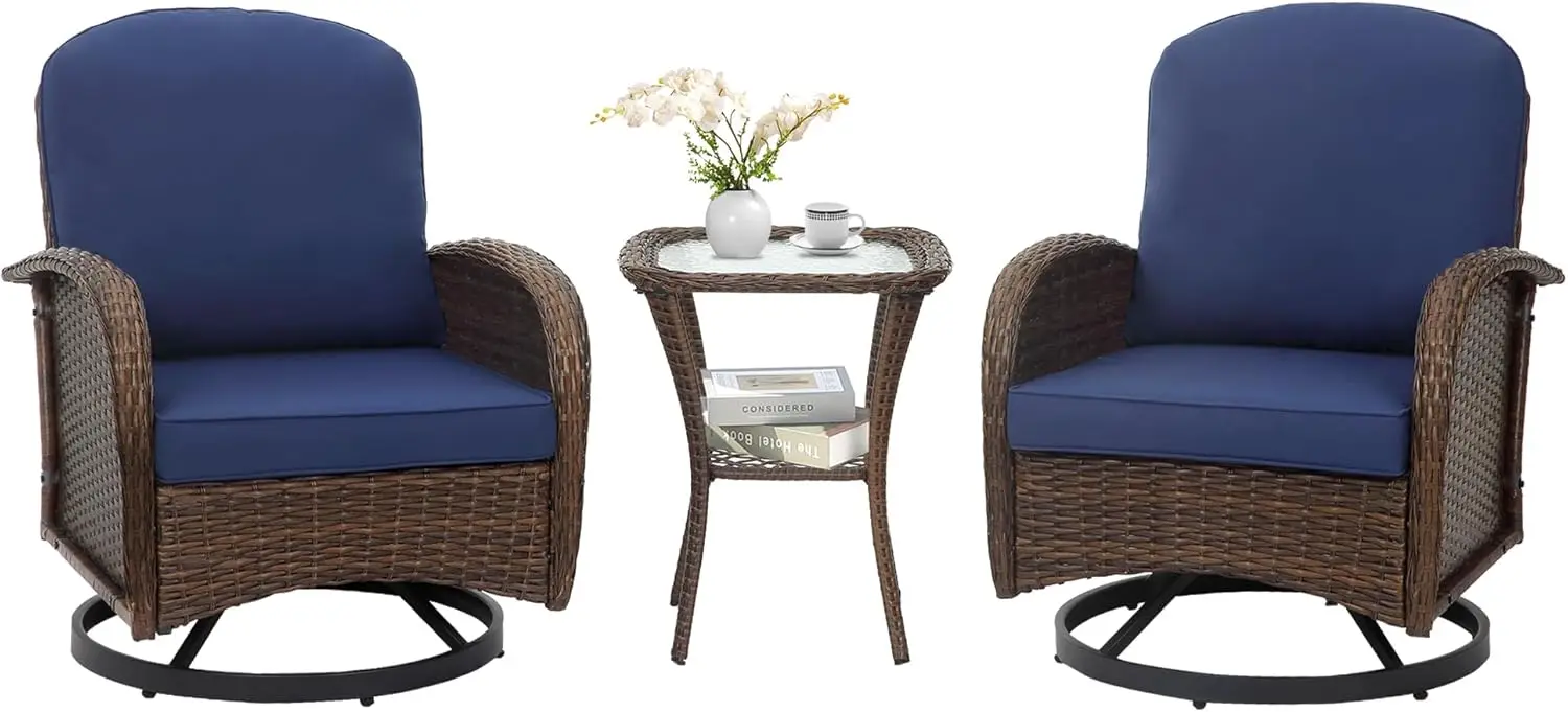 

Outdoor Swivel Chairs 3 Piece Wicker Rocking Charis Set Patio Furniture Set with Rattan Side Table, Rocker Bistro Sets