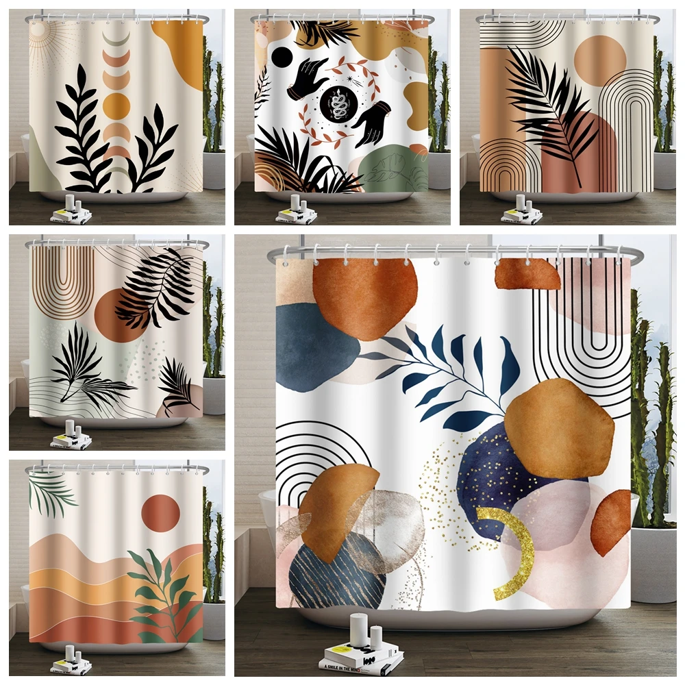 Abstract Boho Shower Curtain Modern Mid Century Minimalist Leaf Plant Arch Sun Bohemia Waterproof Bathroom Bath Curtain Decor