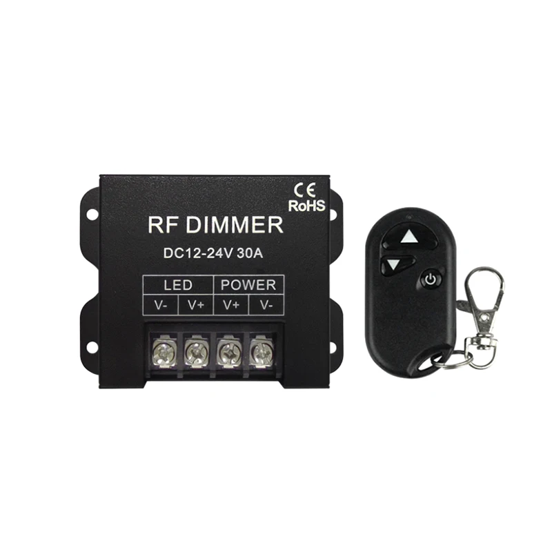 Monochrome Smart Dimmer 12-24V 30A LED High Power Black Aluminum Housing with 3 Keys Wireless RF433 Button Remote Controller