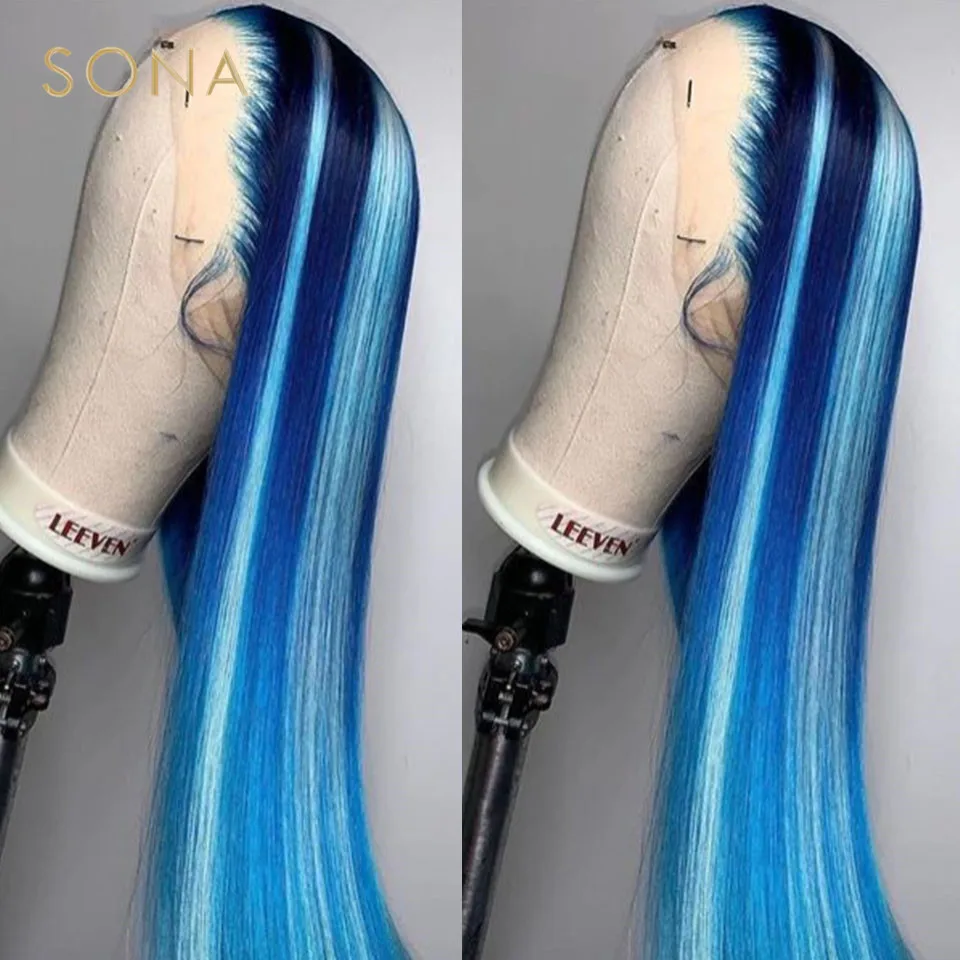 Blue Human Hair Wig with Light Blue Streak Colored Straight Highlight Transparent Lace Front Wigs For Black Women