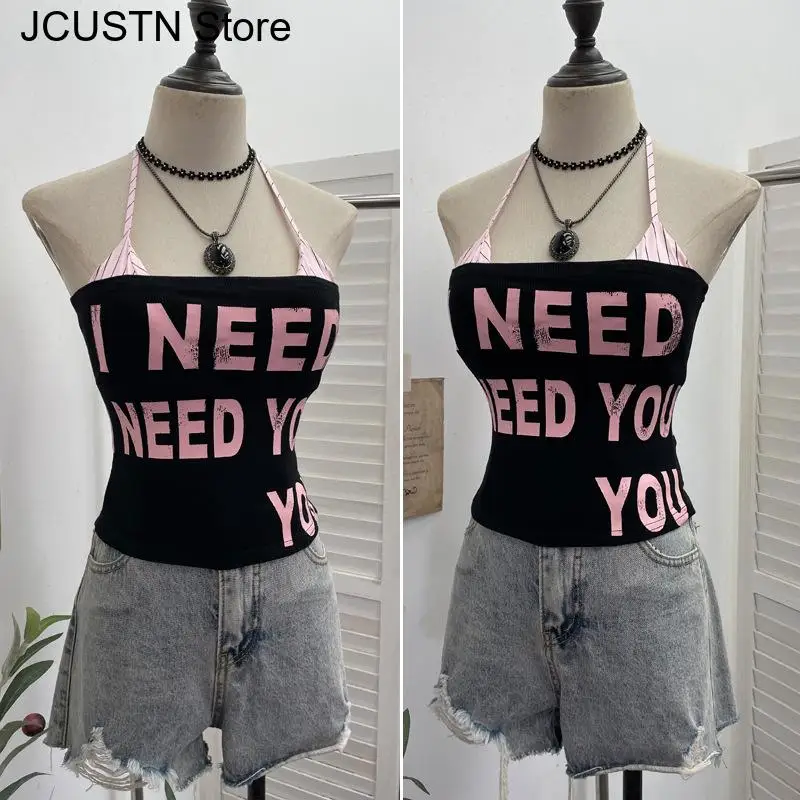 Y2Kサマー新作タンクトップ レディース セクシー 2点セット ストラップレス キャミソール 原宿系 ゴス レター エモ ガールズ ストリートウェア グランジ クロップトップ