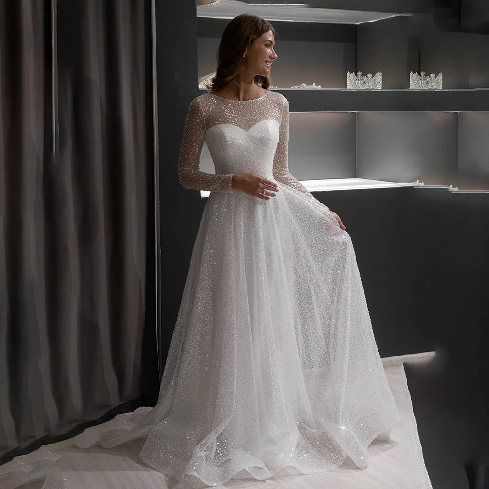 

Customized vestido Sheer Neck Sparkly Sequins Wedding Dresses Button Court Wedding Gown See Throught Long Sleeve