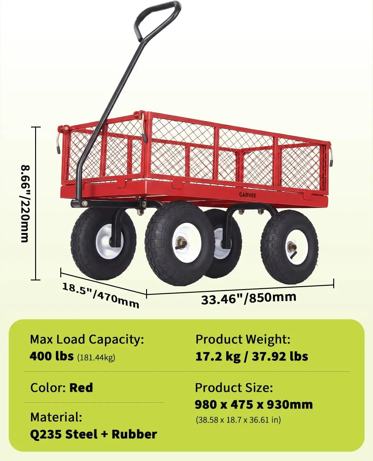 Tacleekii 400 lbs Heavy Duty Steel Garden Cart Wagon Removable Mesh Sides, 10