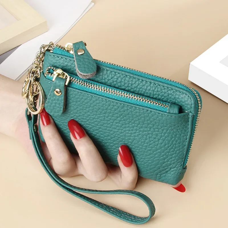 URBAN MASTER Fashion Short Wallet for Women Genuine Cow Leather Cute Clutch Bag Zipper Coin Purse Card Holder with Key Chain