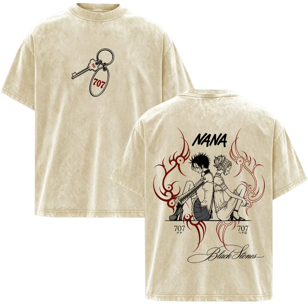 Vintage Washed Anime Nana Osaki Honjo Ren Black Stones T Shirts Men's Women Short Sleeve Fashion Cotton High Quality T-Shirts