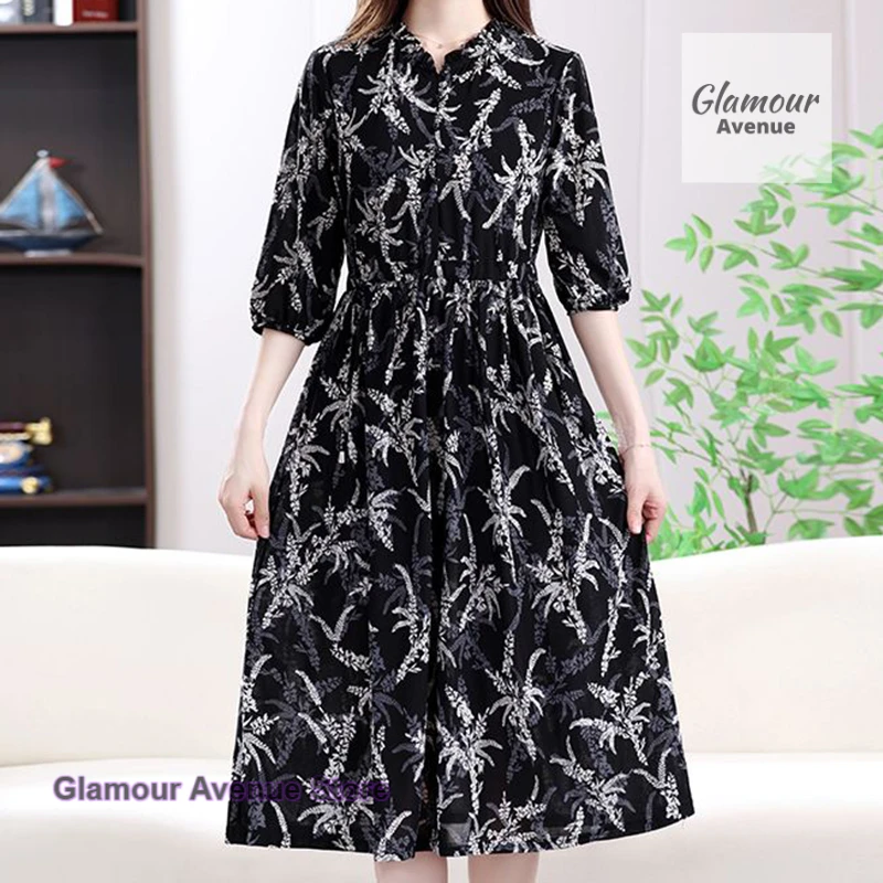 

Summer new floral dress female French national temperament fashion high elastic sleeve ice silk waist Joker casual long skirt.