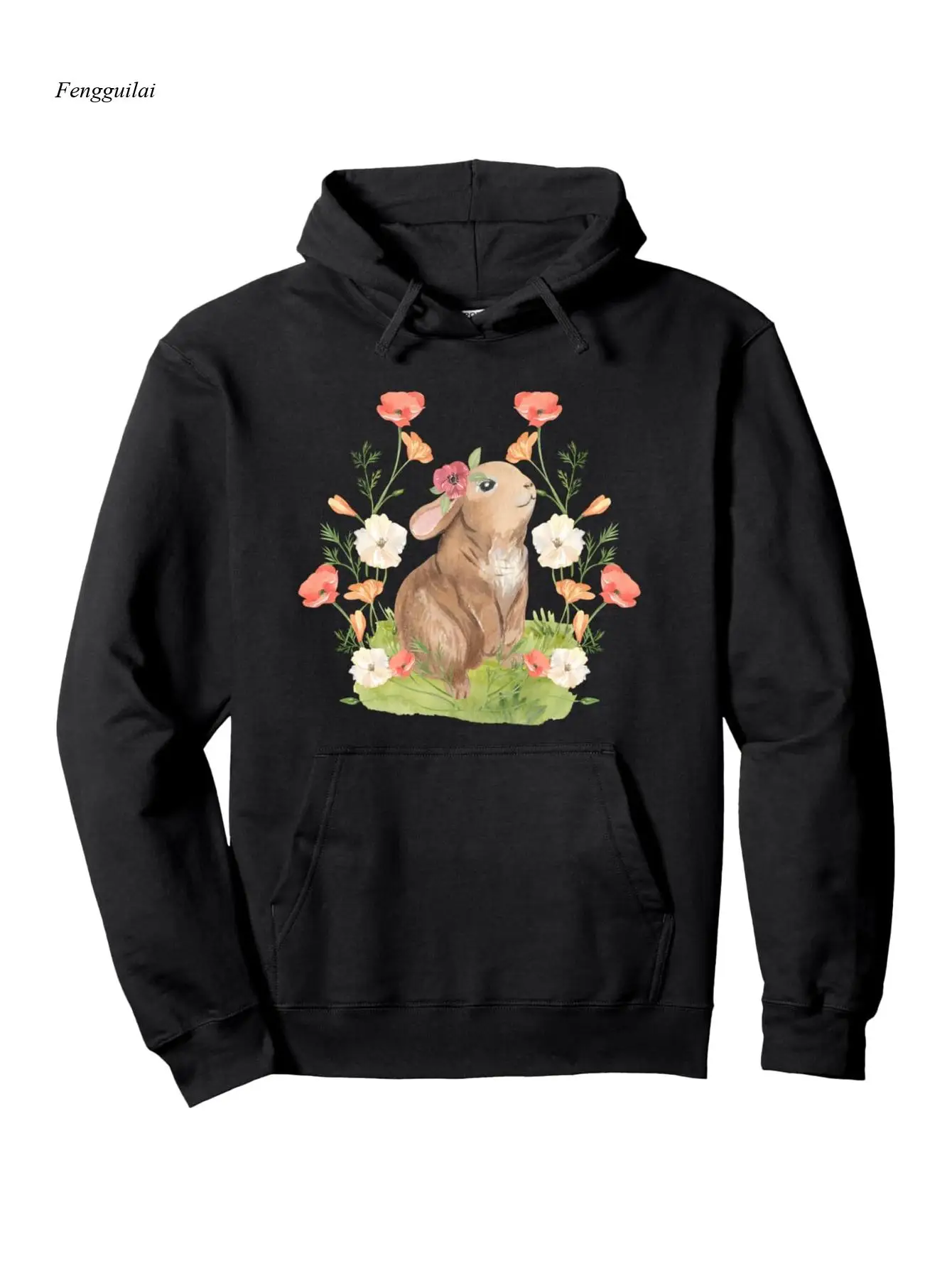 سترة بغطاء للرأس من Cottagecore Rabbit & Bunny - بلوفر، سويت شيرت بقلنسوة أسود مع طباعة أرنب، قابل للغسل في الغسالة #1