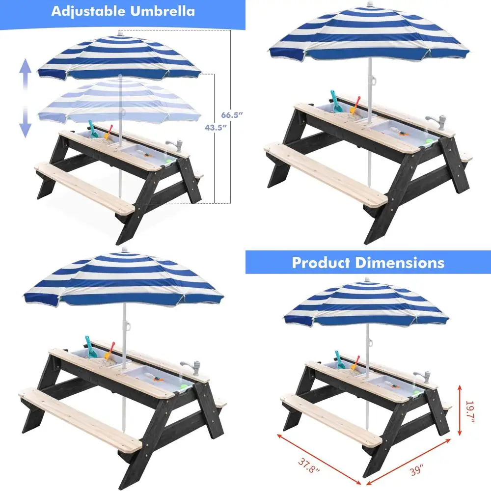 Mesa de picnic convertible de madera con arena y juego de agua, paraguas, 2 bandejas y grifo para diversión al aire libre (negro/azul marino)