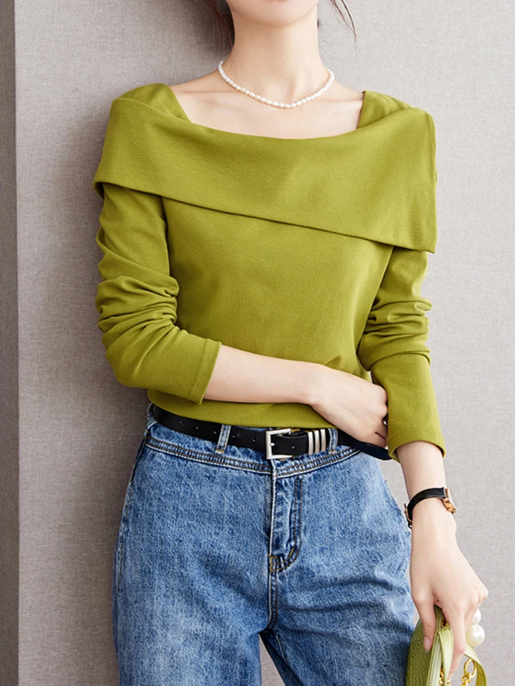 Autumn New French Square Neck Tops Temperament Versatile Long Sleeved T-shirt Women Sexy Solid Color Slim Fit Top