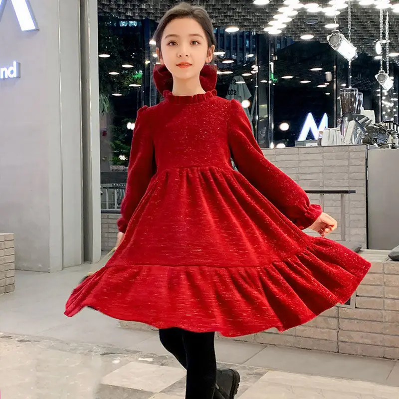 2023 autumn winter Kids Girls solid red glitter lace petal Princess layered Teens Dresses wool velvet Clothes New Year 4 12 year