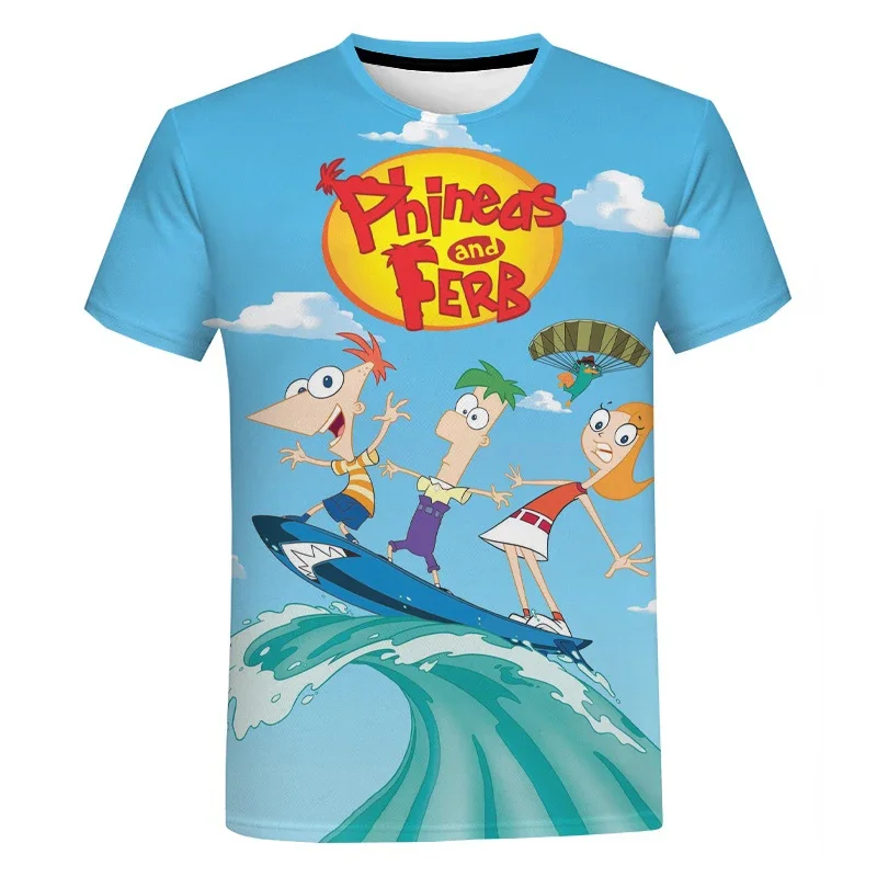 2024 Summer Disney Cartoon Phineas and Ferb 3d Print T-Shirts Anime Streetwear Children Fashion TShirt Kids Boys Girls Tees Tops