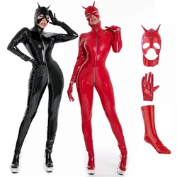 Long Sleeve Zip Open Crotch Bodysuit Women Shiny PU Faux Sexy Look Suit Leather Jumpsuits Latex Catsuit Wet Clubwear