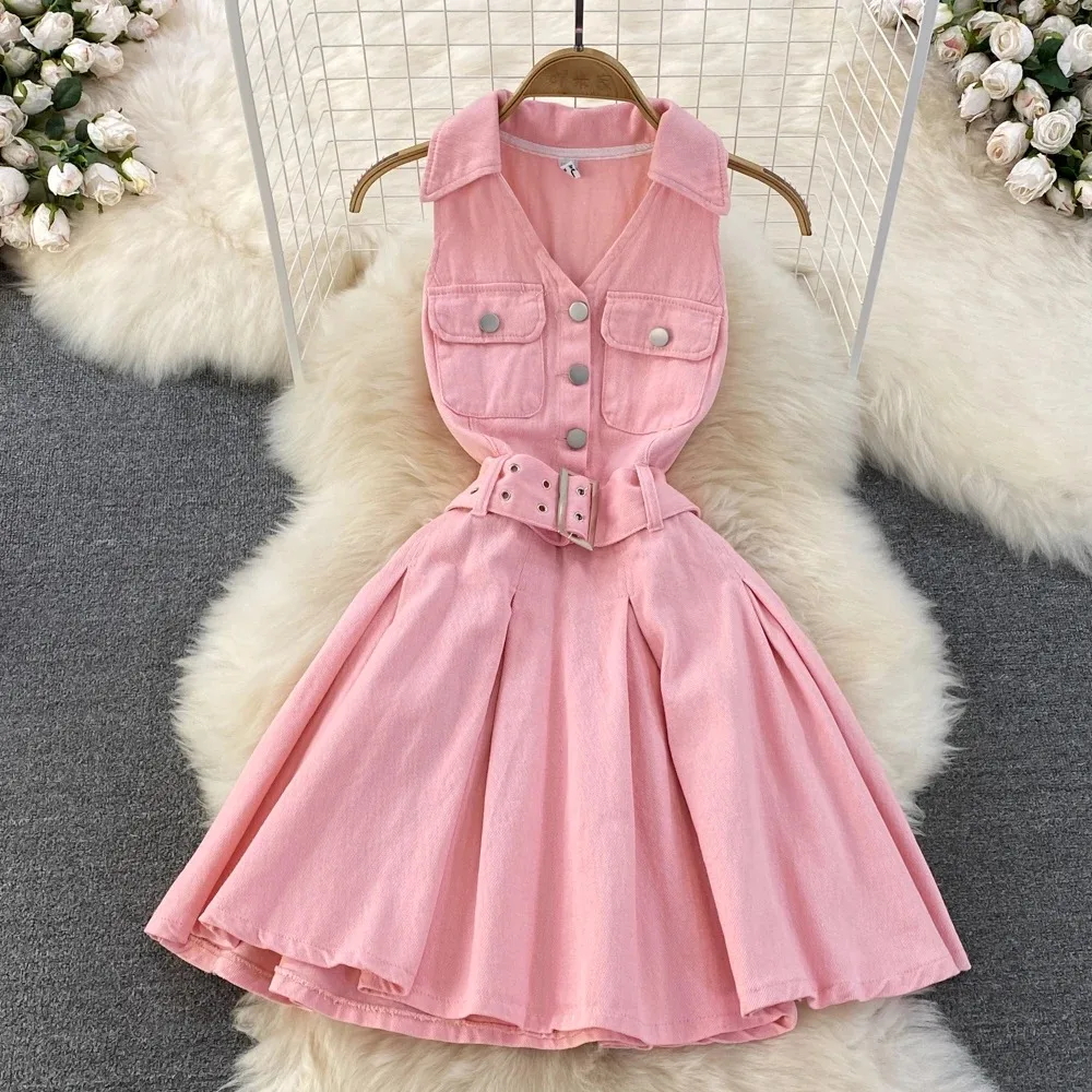 Jeanskleid für Damen, Minikleider, ärmellos, Umlegekragen, einreihig, Gürtel, enge Taille, A-Linie, 2022, Sommer, Vintage, Vestidos