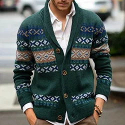 Manteau de Noël pull crocheté vert d'hiver pour hommes, gilet à revers à manches longues, veste pull au crochet pour hommes M-3XL