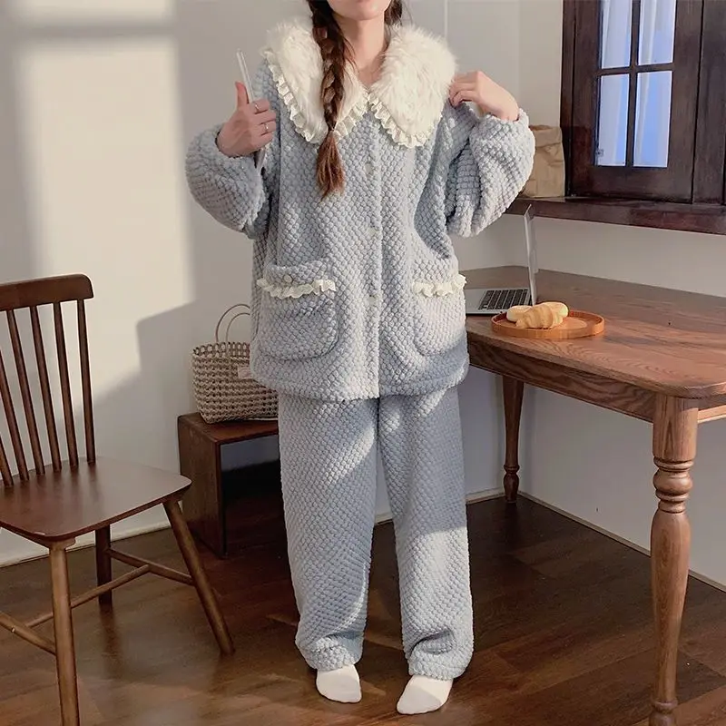Pijamas de invierno para mujer, traje de lana coral, ropa de dormir holgada y cómoda, conjunto de pijama grueso con forro polar para mantener el calor, ropa de casa de franela