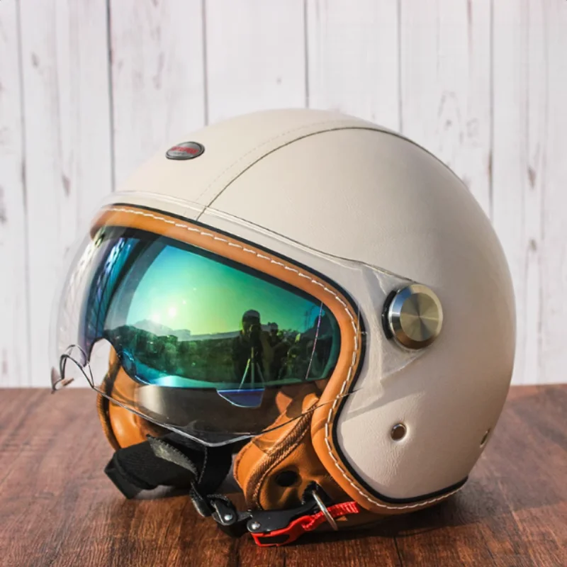 

Stylish White Leather Women Helmet Inner Visor Open Face Motorcycle with Genuine Leather Cover Colored Inner Visor DOT Certified