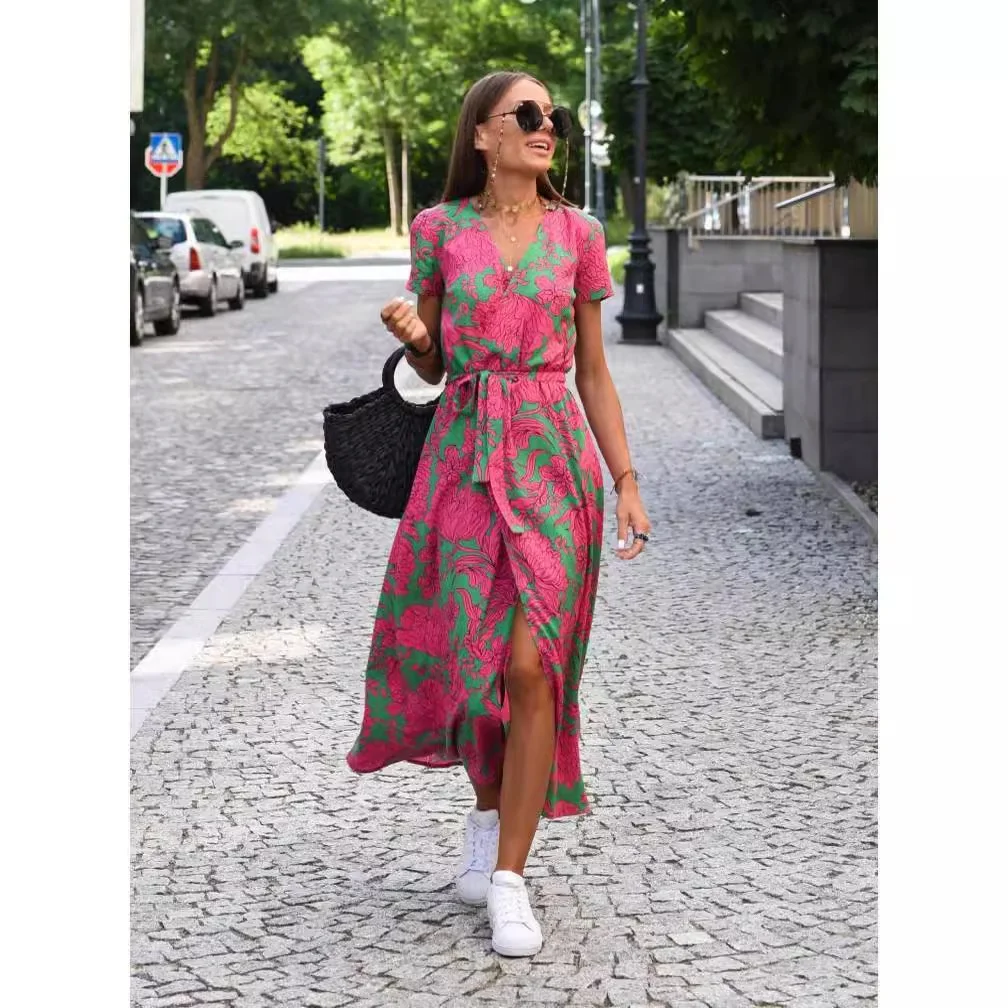 صيف 2023 Ele مطبوعة ort Sve V-Ne Long Dr Women's Faion Cross-Border Wi Dr مادة البوليستر