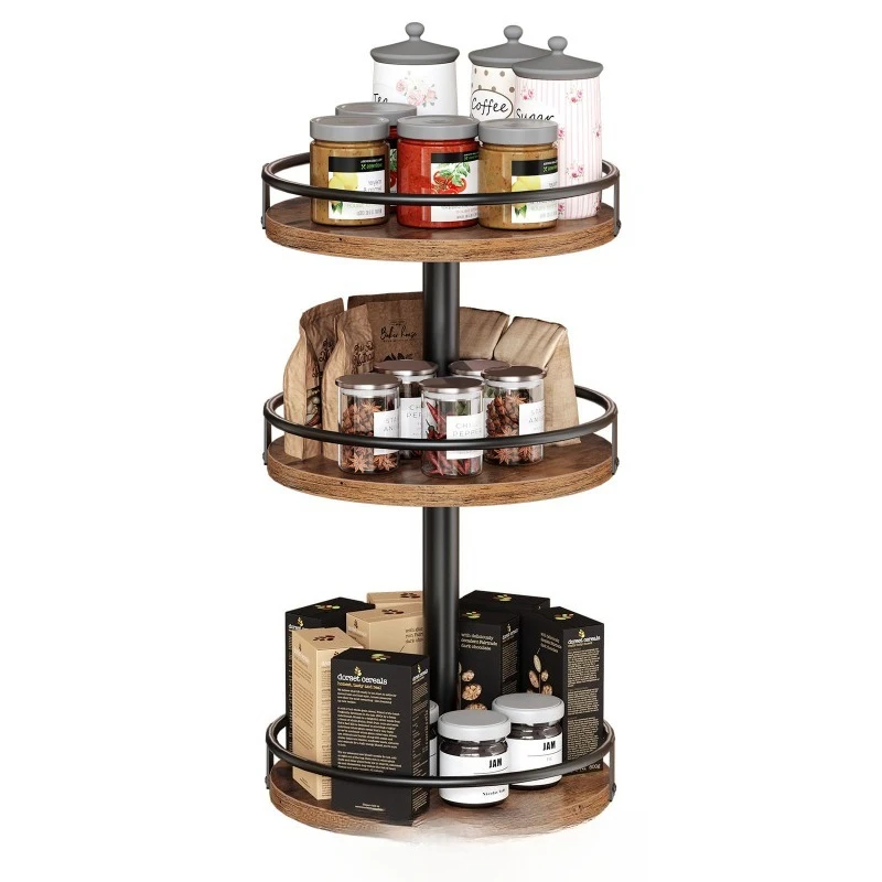 3-Tier Rotatable Wooden Storage Rack Kitchen Spice Bathroom Cosmetic Coffee Stand