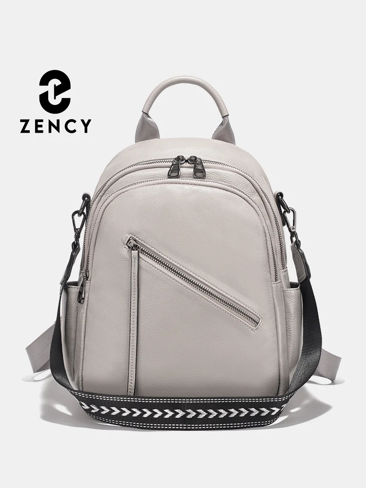 

Zency Women's Medium Genuine Leather Backpack with Roomy Zip Pockets for Commute Travel Work Wide Strap Ladies Top Shoulder Bag