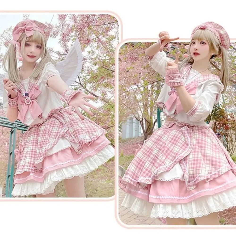 Imagem -03 - Nova Lolita Rosa Xadrez Ruffle Bowknot Puffy Saia Conjunto Lovely Girl Cosplay jk Uniforme Desempenho Japonês Cos Anime Maid Dress