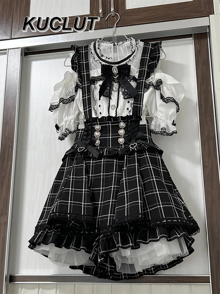 Gothic Lolita Style Koronkowa sukienka bez rękawów w kratę Czarno-biały 2-częściowy zestaw damski z wysoką talią Letni elegancki garnitur